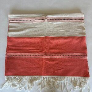 Cream & Orange/Coral Striped Woven Mexican Beach Blanket or Tablecloth